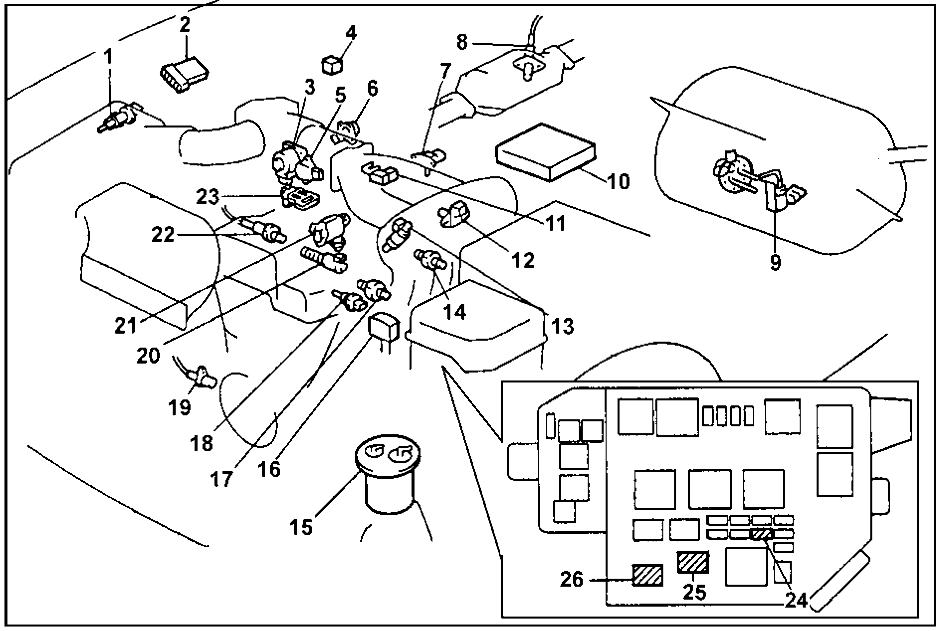 Расположение компонентов системы электронного управления (1JZ-GE, с 09.1996 г.).