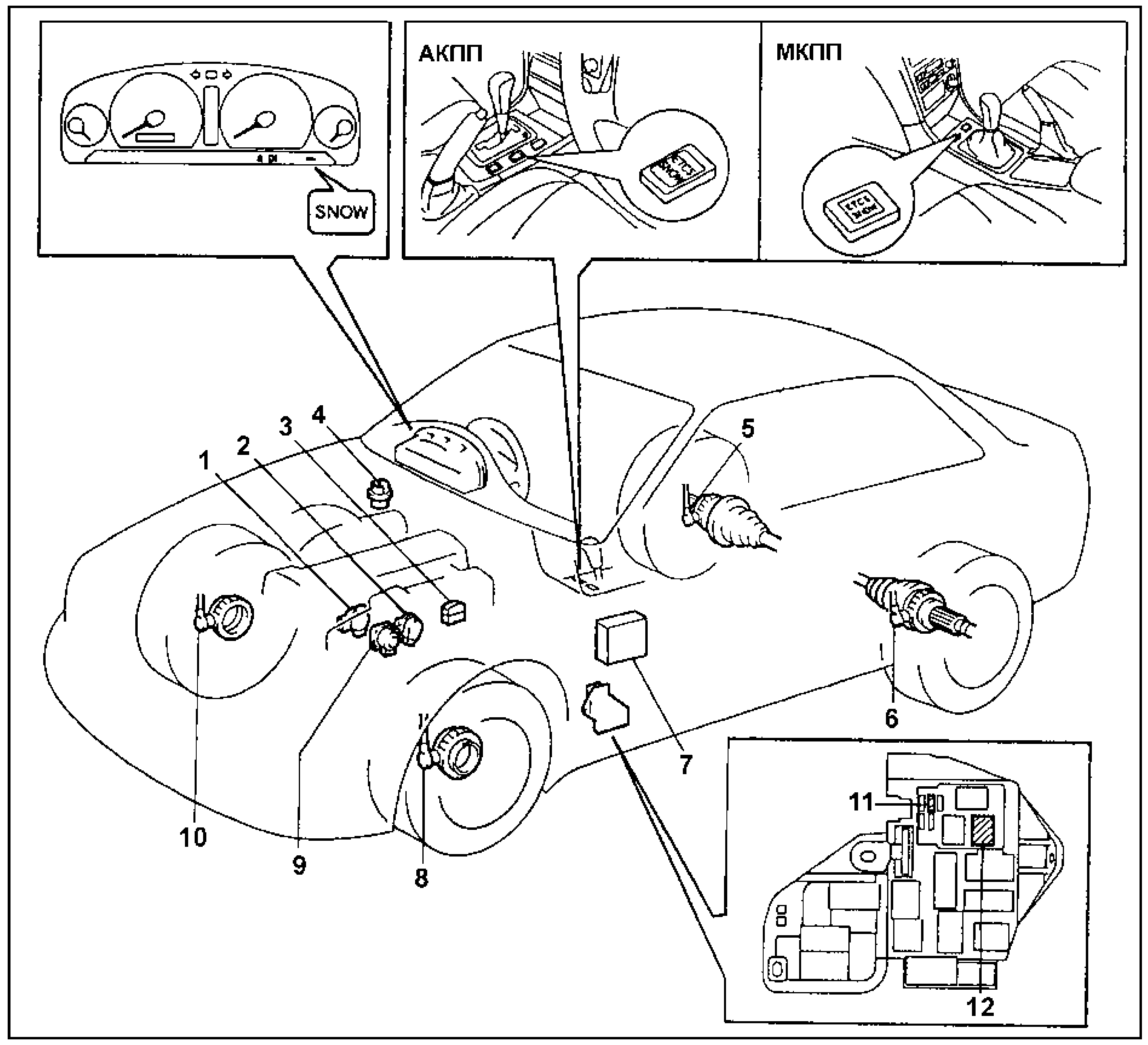Расположение компонентов системы ETCS (1JZ-GTE с 09.1996 г.)